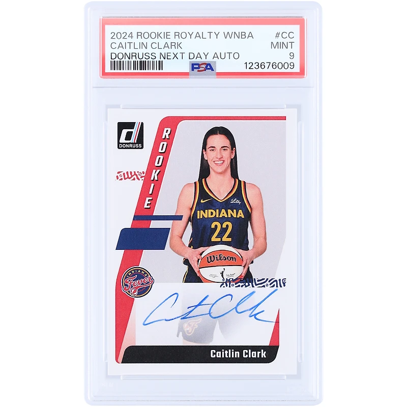 Caitlin Clark Indiana Fever Autographed 2024 Panini Rookie Royalty WNBA Donruss Next Day #ND-CC PSA Authenticated 9 Rookie Card