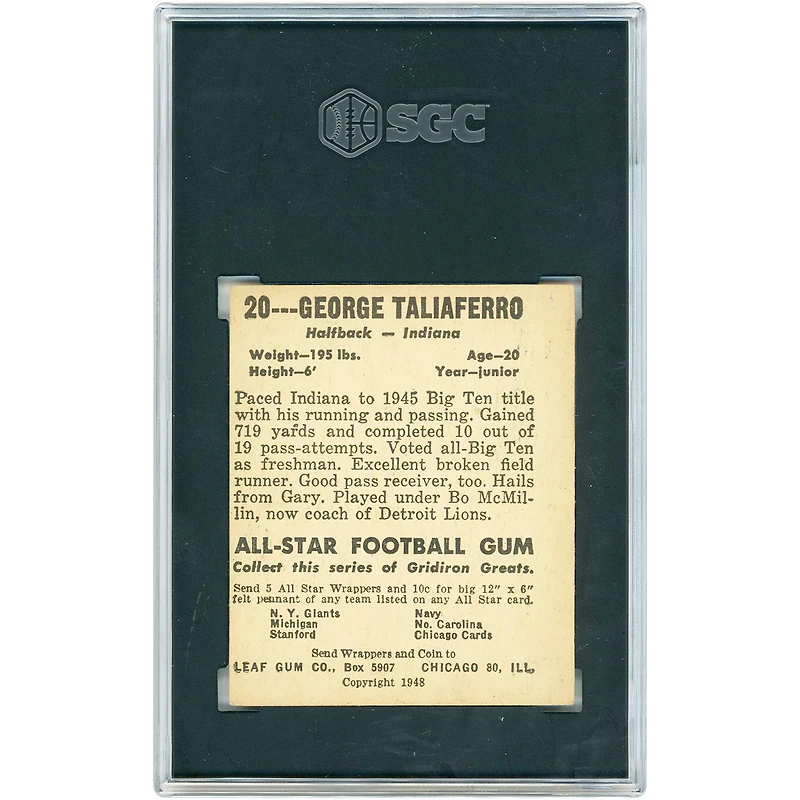 George Taliaferro Indiana Hoosiers 1948 Leaf Gum Co. #20 SGC Authenticated 4.5 Rookie Card