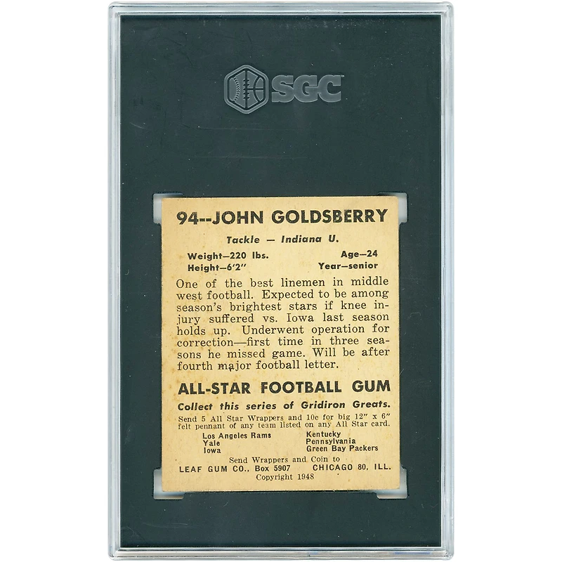John Goldsberry Indiana Hoosiers 1948 Leaf Gum Co. #94 SGC Authenticated 5 Card