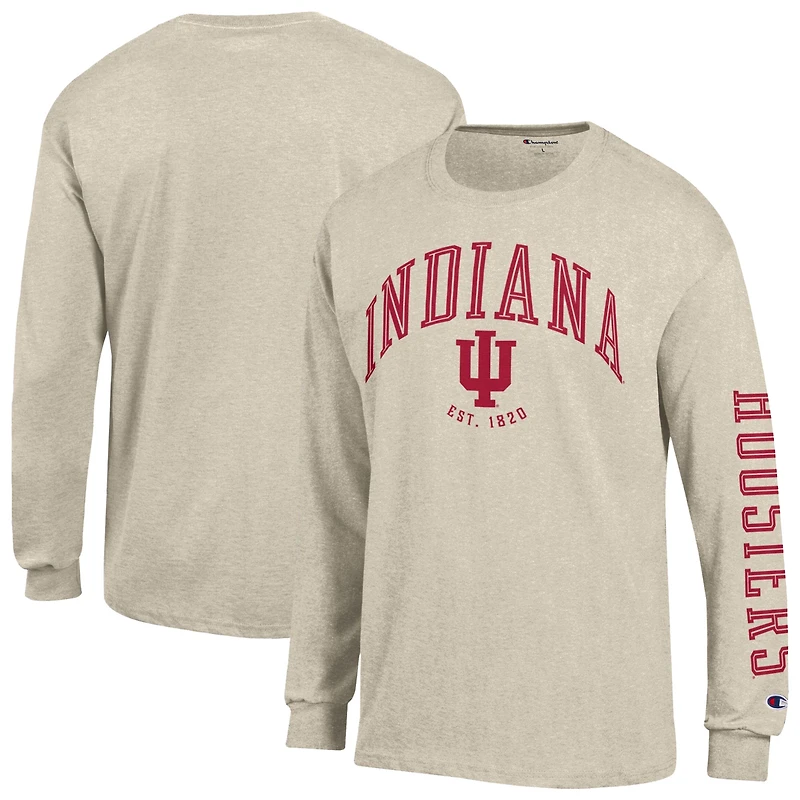 T-shirt à manches longues Champion pour homme, couleur avoine chinée, Indiana Hoosiers, logo neutre.