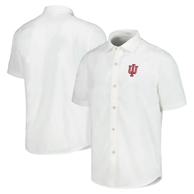 Chemise boutonnée Tommy Bahama White Indiana Hoosiers Coconut Point Palm Vista IslandZone Camp pour hommes