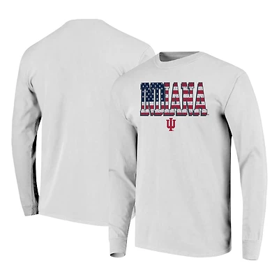 T-shirt à manches longues pour homme, blanc, Indiana Hoosiers, format long, avec drapeau.