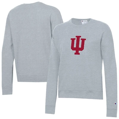 Sweat-shirt à col rond Champion pour femme, gris chiné, avec écusson académique Indiana Hoosiers et technologie Powerblend.