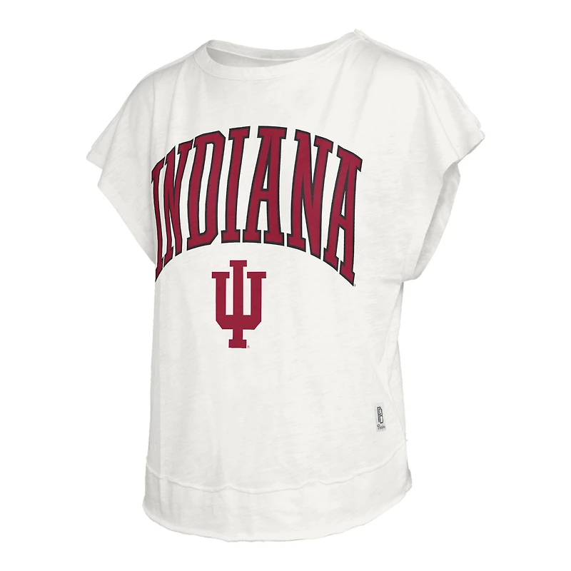 T-shirt Pressbox Cream pour femmes, Indiana Hoosiers Nelson Movement, dos ouvert, en flammé.