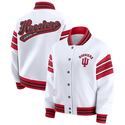 Women's WEAR by Erin Andrews White/Crimson Indiana Hoosiers Satin Stitch Full-Snap Fleece Sweatshirt Jacket