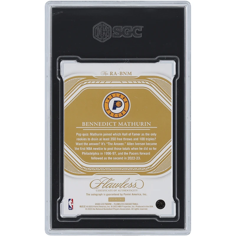 Bennedict Mathurin Indiana Pacers Autographed 2022-23 Panini Flawless Gold #RA-BNM #4/10 SGC Authenticated 9.5/10 Rookie Card 