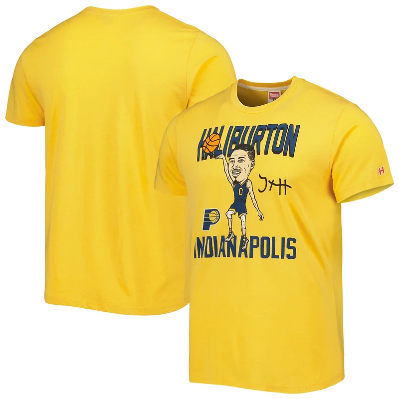 T-shirt homme hommage à Tyrese Haliburton, Indiana Pacers, caricature dorée, mélange de trois matières