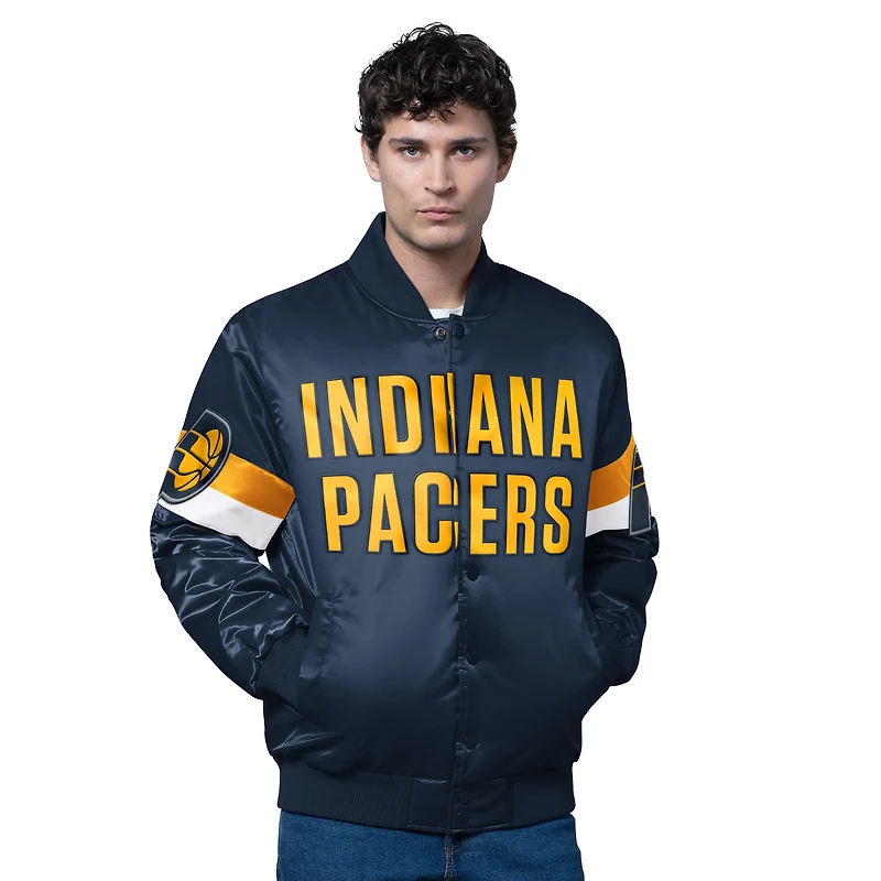 Men's Starter Navy Indiana Pacers Triple Option Varsity Full-Snap Satin Jacket