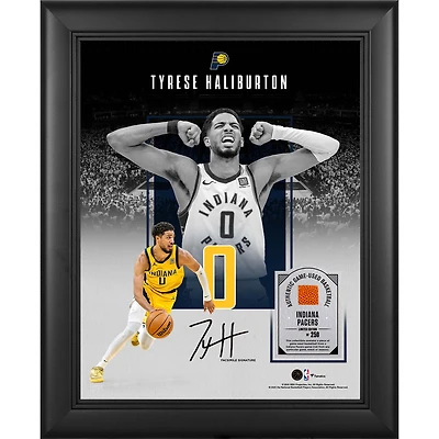 Collage encadré 11" x 14" avec la signature fac-similé de Tyrese Haliburton (Indiana Pacers) et un morceau de ballon de basket utilisé en match - Édition limitée à 250 exemplaires