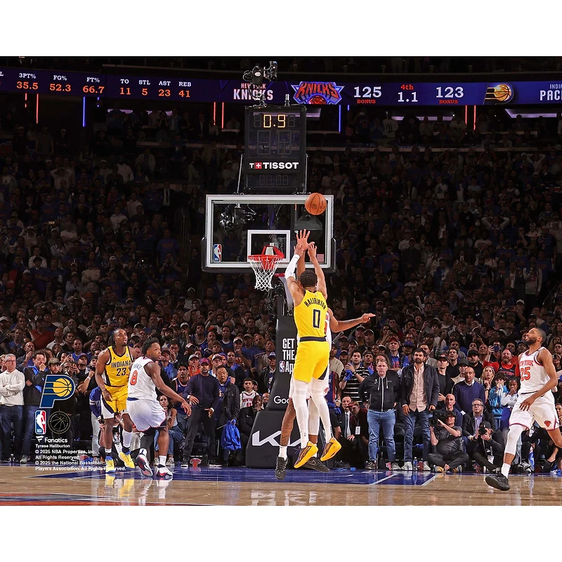 Tyrese Haliburton, joueur non signé des Indiana Pacers lors du match 1 de la finale Conférence Est 2025 contre les New York Knicks, photo tir à égalité