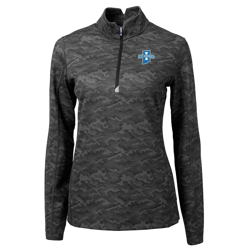 Women's Cutter & Buck Black Indiana State Sycamores Traverse Camo Quarter-Zip Pullover Top