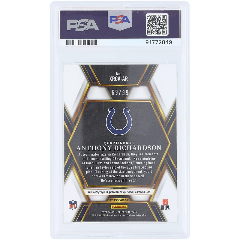 Anthony Richardson Indianapolis Colts Autographed 2022 Panini Select XRC Mystery Auto #XRCA-AR #69/99 PSA Authenticated 10 Rookie Card