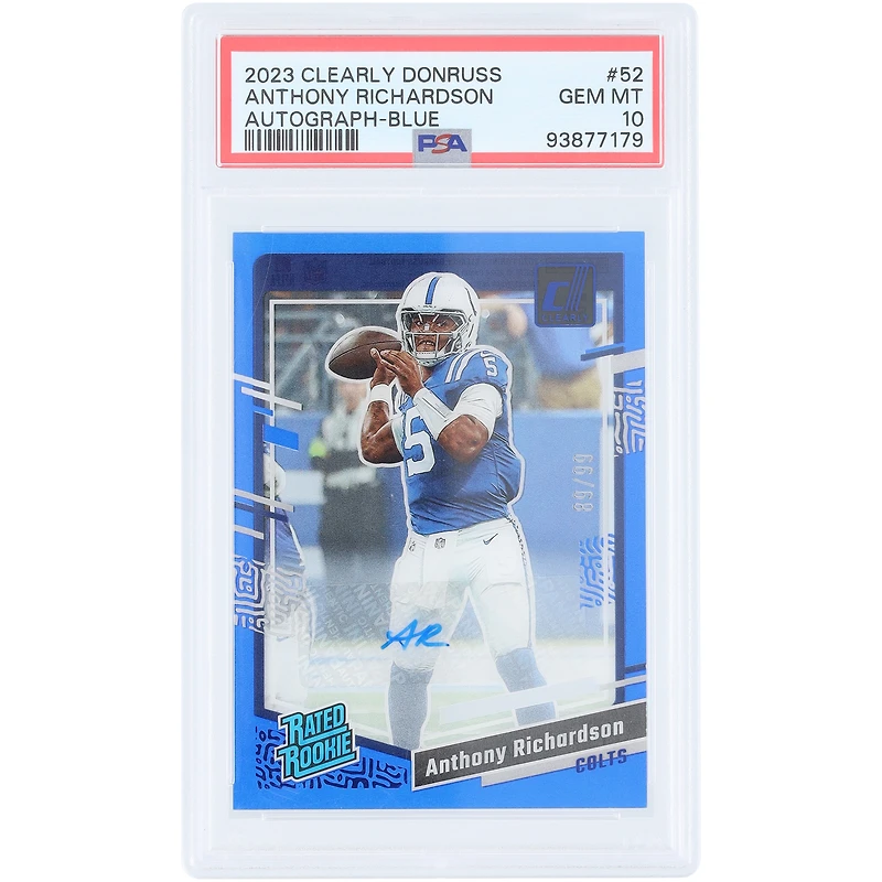 Anthony Richardson Indianapolis Colts Autographié 2023 Panini Clearly Donruss Bleu #52 #89/99 PSA Authentifié 10 Carte Rookie