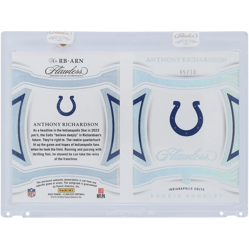 Anthony Richardson Indianapolis Colts autographié 2023 Panini Flawless Nike Swoosh Booklet Relic #RB-ARN #5/10 Rookie Card