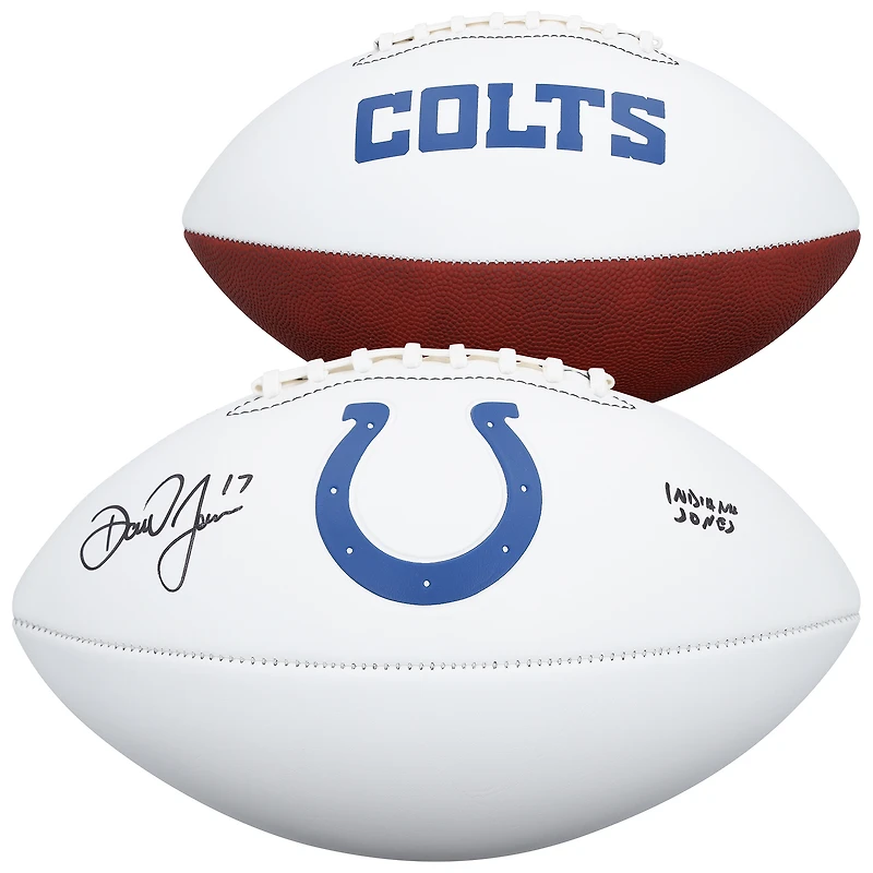 Ballon de football américain Franklin White Panel autographié par Daniel Jones, des Indianapolis Colts, avec inscription « Indiana Jones ».