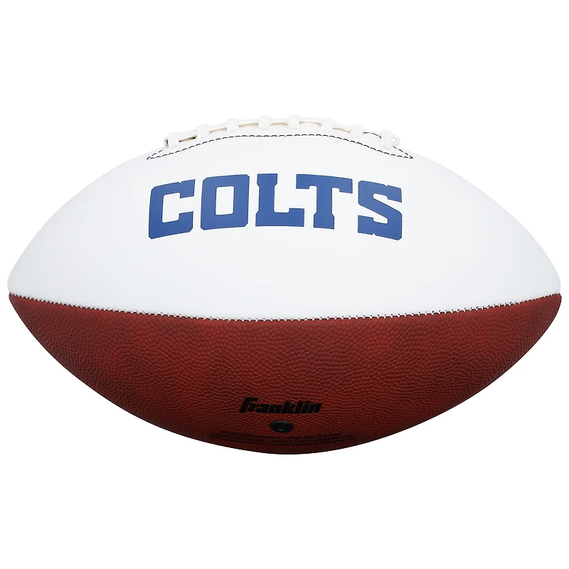 Ballon de football américain Franklin White Panel autographié par Daniel Jones, des Indianapolis Colts, avec inscription « Indiana Jones ».