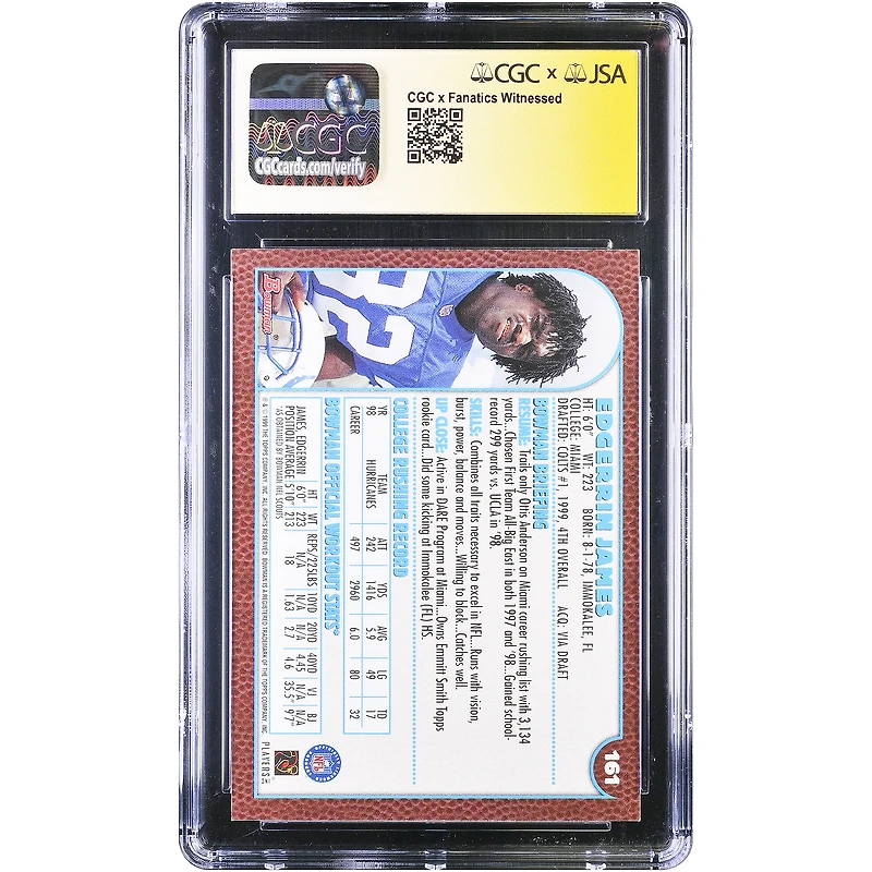 Carte de recrue autographiée par Edgerrin James des Indianapolis Colts (1999), Bowman Chrome n° 161, authentifiée par CGC, état neuf (9/10).