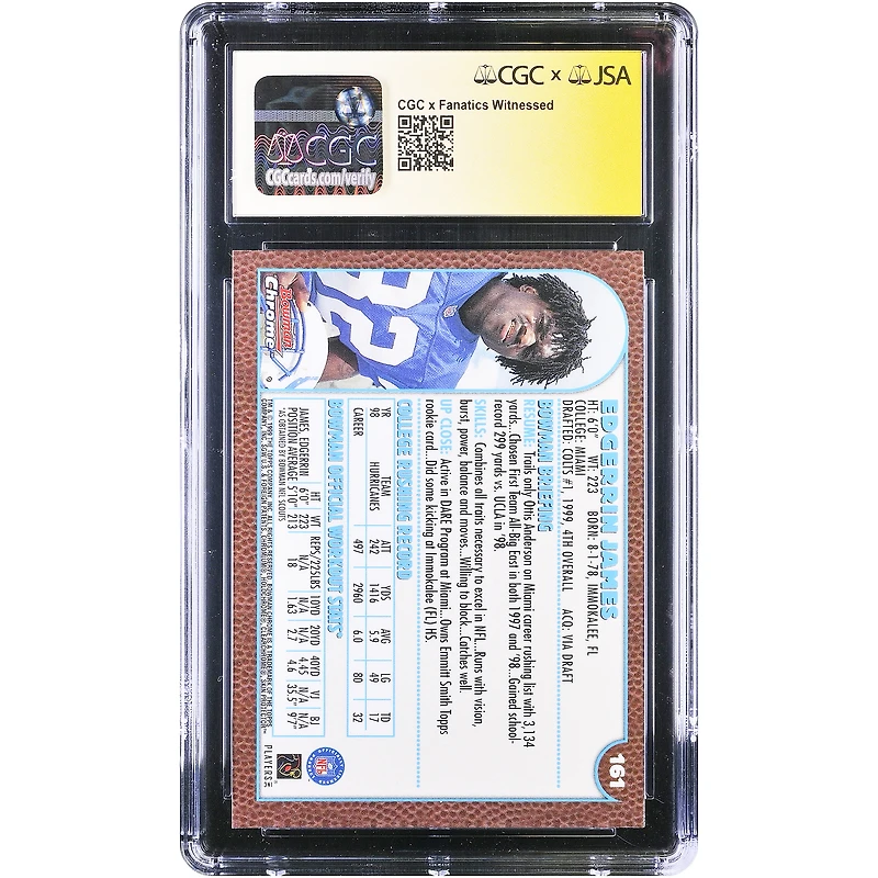 Edgerrin James Indianapolis Colts Autographed 1999 Bowman Chrome #161 CGC Fanatics Witnessed Authenticated Rookie Card