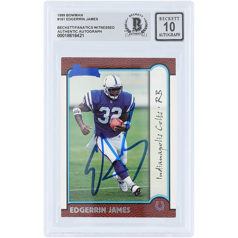 Carte de recrue 1010 Bowman n° 161 autographiée par Edgerrin James des Indianapolis Colts (Beckett Fanatics Witnessed), certifiée par Beckett Fanatics Witnessed.