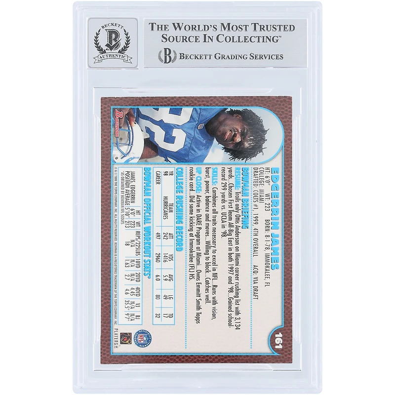 Edgerrin James Indianapolis Colts Autographed 1999 Bowman #161 Beckett Fanatics Witnessed Authenticated 10 Rookie Card