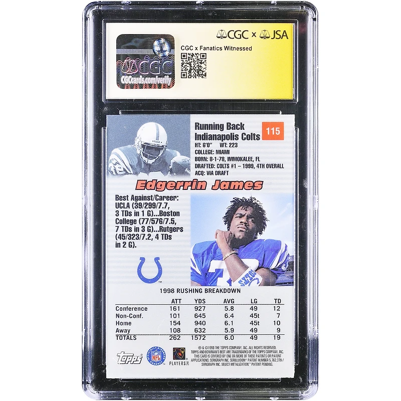 Carte de recrue autographiée par Edgerrin James des Indianapolis Colts (1999 Topps Bowman's Best n° 115), certifiée CGC par Fanatics Witnessed.