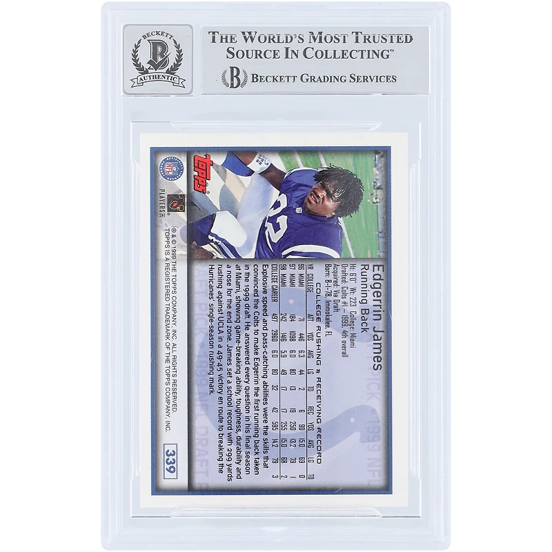 Edgerrin James Indianapolis Colts Autographed 1999 Topps #339 Beckett Fanatics Witnessed Authenticated 10 Rookie Card