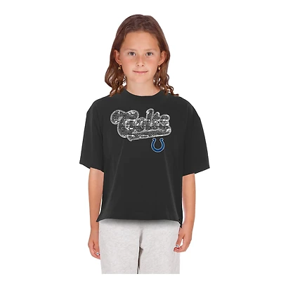 T-shirt à paillettes réversibles New Era noir pour filles et jeunes, modèle Indianapolis Colts.