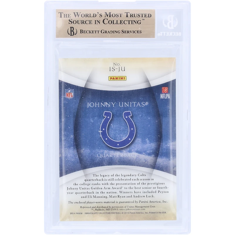 Johnny Unitas Indianapolis Colts 2014 Panini Immaculate Collection Jeu Utilisé Marque Relic #IS-JU #1/1 BGS Authentifié 9.5 Carte - 10, 9.5, 9.5, 9 Sous-grades
