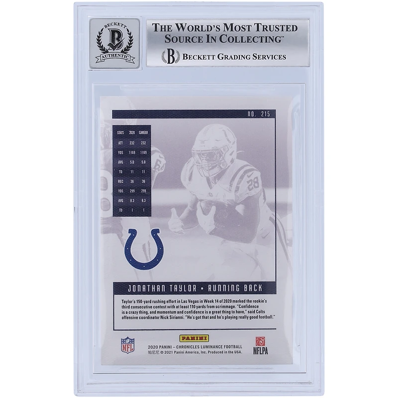 Jonathan Taylor Indianapolis Colts Autographié 2020 Panini Chronicles Luminance #215 Beckett Fanatics Witnessed Authenticated 10 Rookie Card avec l'inscription "Horse Power"
