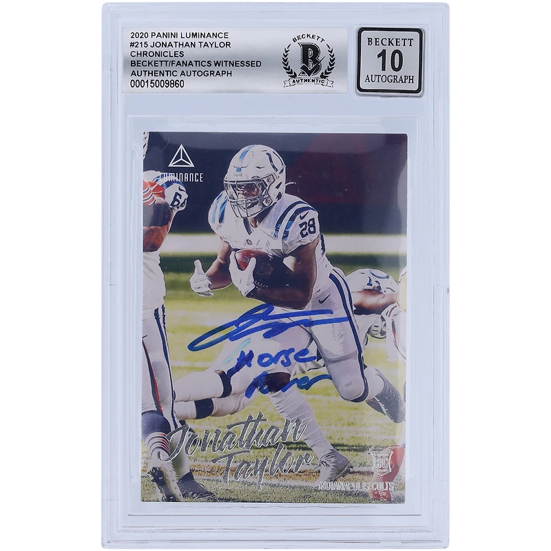 Jonathan Taylor Indianapolis Colts Autographié 2020 Panini Chronicles Luminance #215 Beckett Fanatics Witnessed Authenticated 10 Rookie Card avec l'inscription "Horse Power"