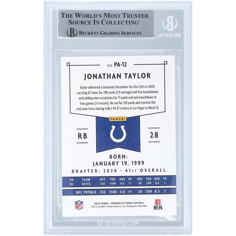 Carte de recrue authentifiée autographiée par Jonathan Taylor Indianapolis Colts 2020 Panini Chronicles #PA-12 Beckett Fanatics