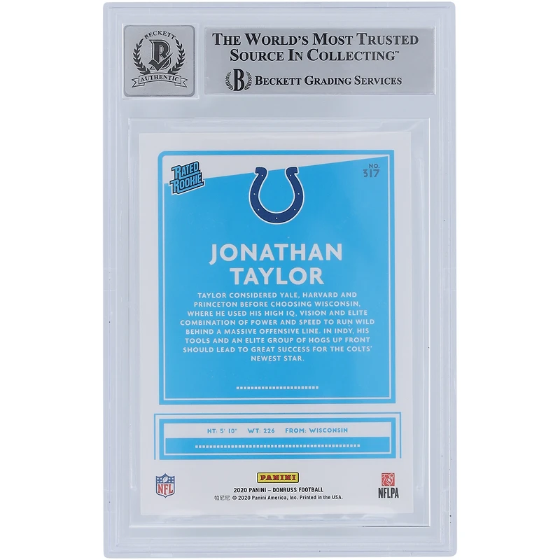 Jonathan Taylor Indianapolis Colts Carte Rookie 2020 autographiée Panini Donruss classée n° 317 Beckett Fanatics a été témoin d'une carte Rookie 10 authentifiée avec l'inscription « Horse Power »