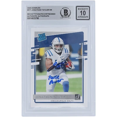Jonathan Taylor Indianapolis Colts Carte Rookie 2020 autographiée Panini Donruss classée n° 317 Beckett Fanatics a été témoin d'une carte Rookie 10 authentifiée avec l'inscription « Horse Power »