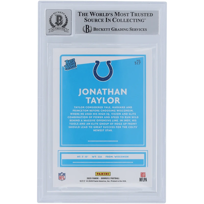 Jonathan Taylor Indianapolis Colts Carte Rookie authentifiée 10 Rookie 2020 Panini Donruss autographiée Beckett Fanatics