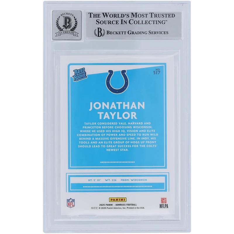 Jonathan Taylor Indianapolis Colts Carte Rookie 9/10 authentifiée 2020 Panini Donruss Rated #317 Beckett Fanatics Witnessed Carte Rookie 9/10 authentifiée avec inscription « Horse Power »