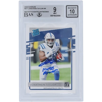 Jonathan Taylor Indianapolis Colts Carte Rookie 9/10 authentifiée 2020 Panini Donruss Rated #317 Beckett Fanatics Witnessed Carte Rookie 9/10 authentifiée avec inscription « Horse Power »