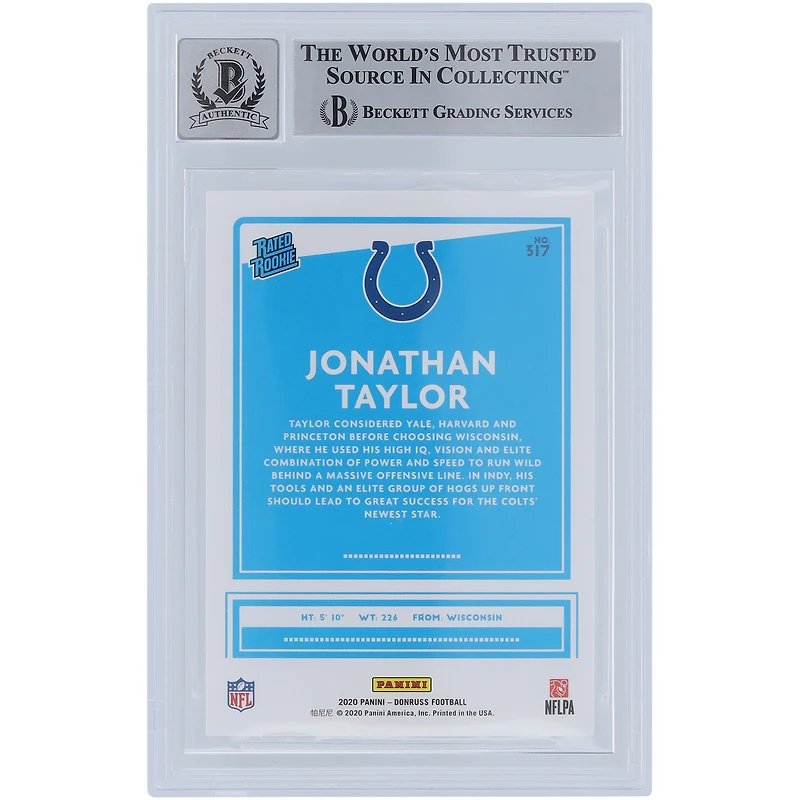 Jonathan Taylor Indianapolis Colts Autographed 2020 Panini Donruss Rated Rookie #317 Beckett Fanatics Witnessed Authenticated 9/10 Rookie Card