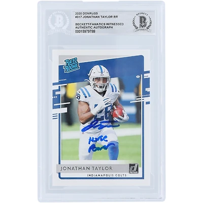 Jonathan Taylor Indianapolis Colts Carte de recrue authentifiée Panini Donruss 2020 autographiée #317 Beckett Fanatics avec inscription « Horse Power »