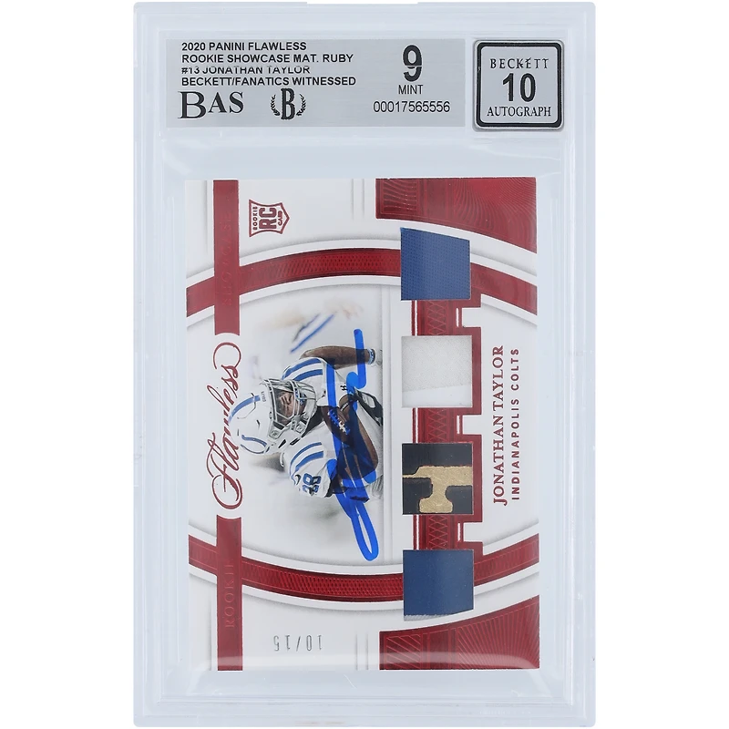 V106832 COLT Jonathan Taylor Indianapolis Colts Autographié 2020 Panini Flawless Ruby Rookie Showcase Matériaux 4 Couleurs Quad Relic #RS13 #10/15 Beckett Fanatics Witnessed Authenticated 9/10 Rookie Card 28 Jonathan Taylor AUT PAA TRADING CARDS 45646 AUTTRC CA01F06896 #46