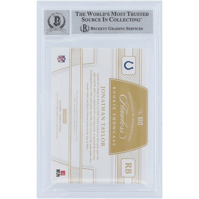 V106832 COLT Jonathan Taylor Indianapolis Colts Autographié 2020 Panini Flawless Ruby Rookie Showcase Matériaux 4 Couleurs Quad Relic #RS13 #10/15 Beckett Fanatics Witnessed Authenticated 9/10 Rookie Card 28 Jonathan Taylor AUT PAA TRADING CARDS 45646 AUTTRC CA01F06896 #46