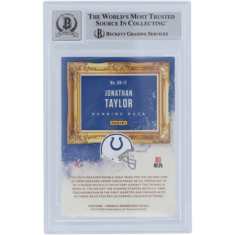 Jonathan Taylor Indianapolis Colts Carte de recrue Panini Gridiron Kings Teal #GK-12 autographiée 2020 Beckett Fanatics a été témoin d'une carte de recrue authentifiée 10 avec l'inscription « Horse Power »