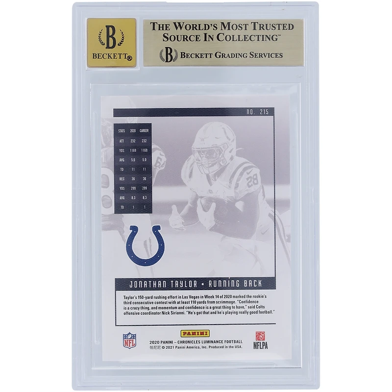Carte de recrue Panini Luminance 2020 #215 autographiée par Jonathan Taylor Indianapolis Colts Beckett Fanatics Witnessed Authenticated 9.5/10