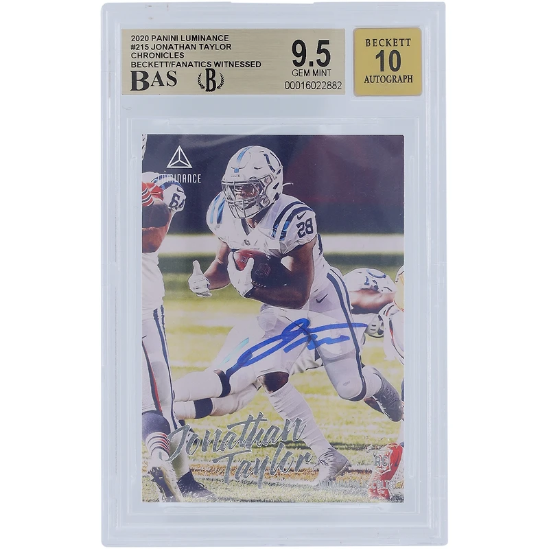 Carte de recrue Panini Luminance 2020 #215 autographiée par Jonathan Taylor Indianapolis Colts Beckett Fanatics Witnessed Authenticated 9.5/10