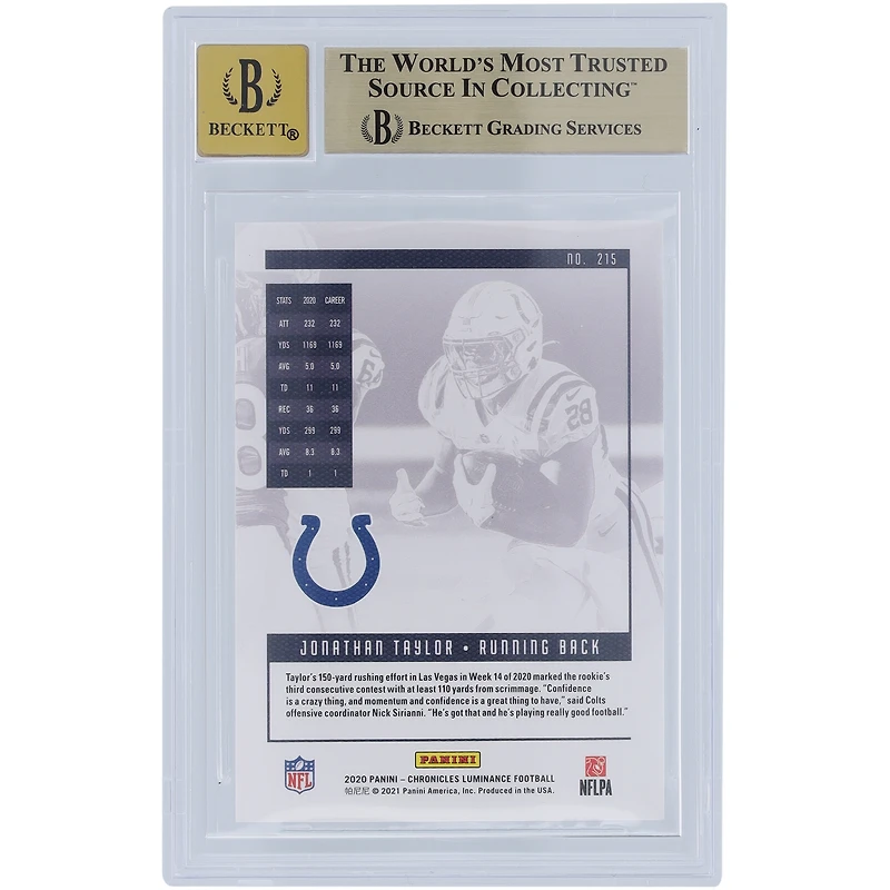 Jonathan Taylor Indianapolis Colts Autographed 2020 Panini Luminance Teal #215 Beckett Fanatics Witnessed Authenticated 9.5/10 Rookie Card