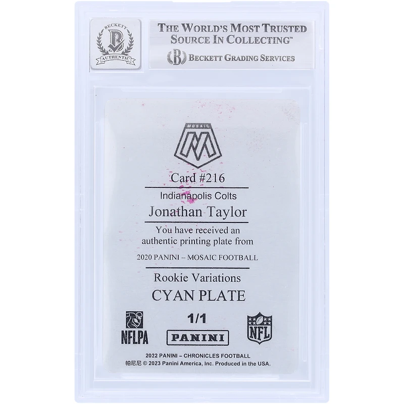 Jonathan Taylor Indianapolis Colts Autographié 2020 Panini Mosaic Rookie Variations Cyan Plaque d'impression #216 #1/1 Beckett Fanatics Witnessed Authenticated 10 Rookie Card