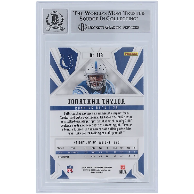 Jonathan Taylor Indianapolis Colts Autographed 2020 Panini Phoenix Fire Burst #118 Beckett Fanatics Witnessed Authenticated 9/10 Rookie Card