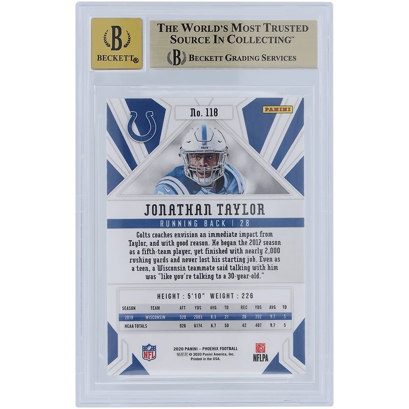 Carte de recrue autographiée Panini Phoenix Fire Burst #118 2020 de Jonathan Taylor Indianapolis Colts, vue par des fanatiques de Beckett, 9,5/10