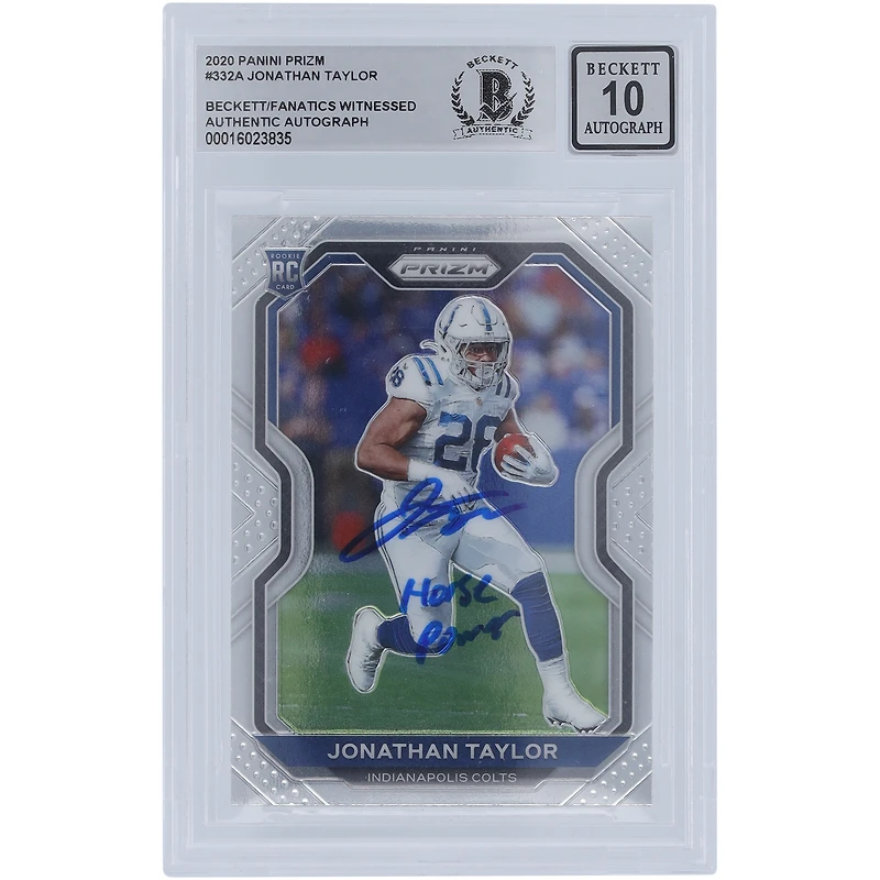 Jonathan Taylor Indianapolis Colts Carte Panini Prizm #332 2020 autographiée Beckett Fanatics a été témoin d'une carte Rookie 10 authentifiée avec l'inscription « Horse Power »