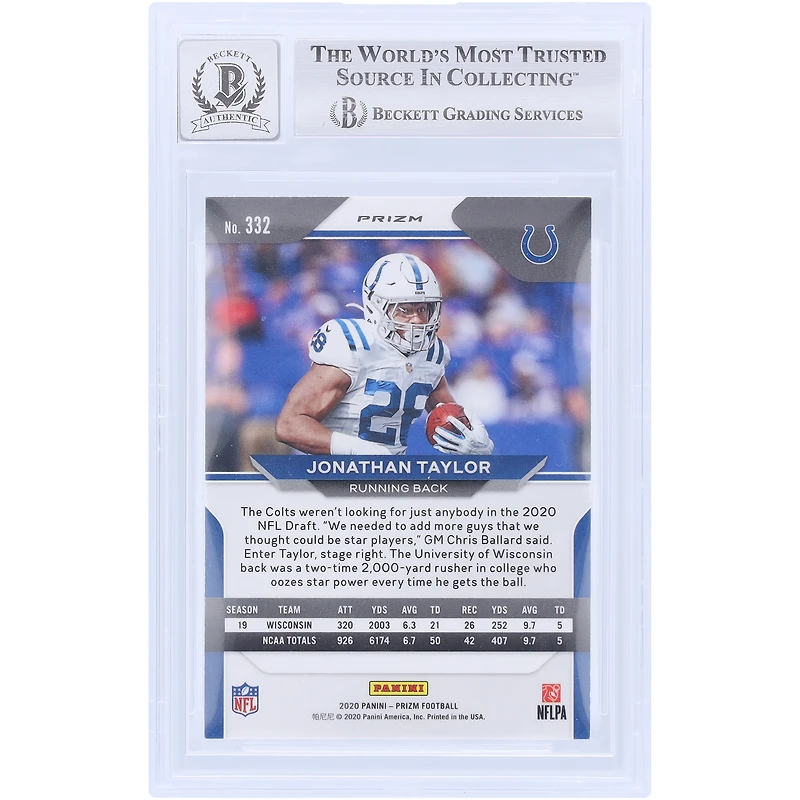 Jonathan Taylor Indianapolis Colts Autographié 2020 Panini Prizm Rouge Blanc & Bleu Prizm #332 Beckett Fanatics Témoin Authentifié 10 Rookie Card