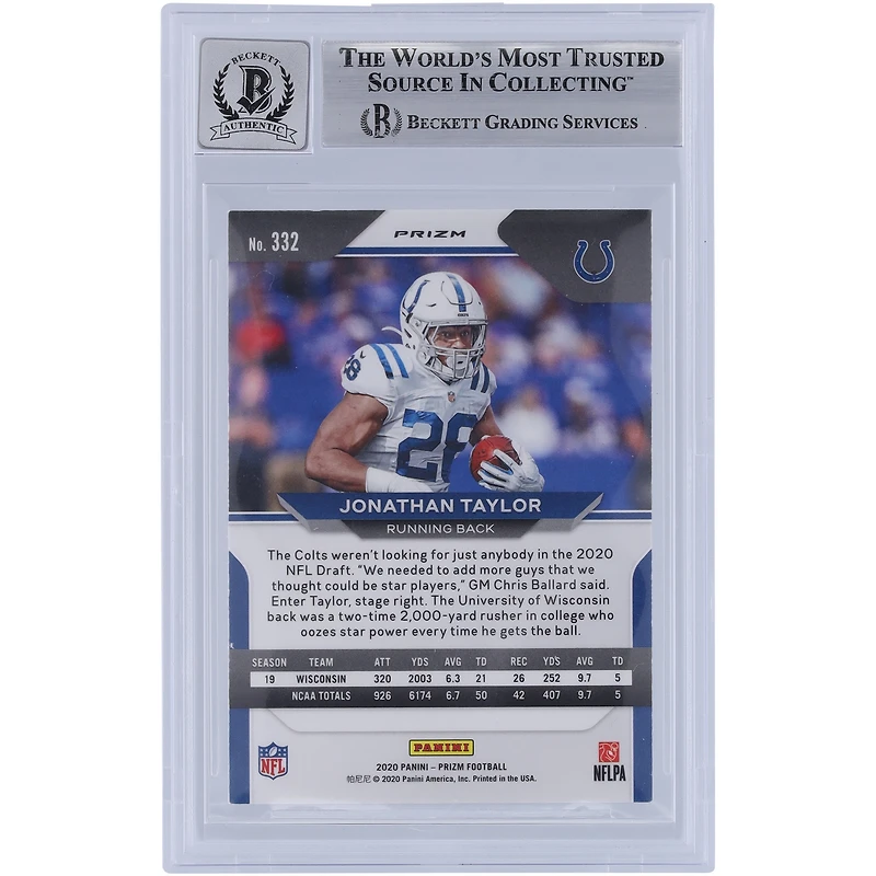 Jonathan Taylor Indianapolis Colts Autographié 2020 Panini Prizm Rouge Blanc & Bleu Prizm #332 Beckett Fanatics Témoin Authentifié 9/10 Carte Rookie